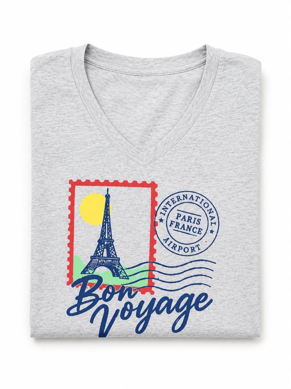 Studio33 Women’s Paris Eiffel Tower Bon Voyage V-Neck Short Sleeve Gray Tee S-XL